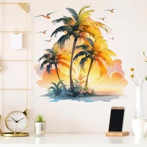 Beautiful Sunset Palm Trees Seagull by The Sea Wall Decals for Living Room Wall Stickers Removable Peel and Stick Waterproof Wall Art Decor Stickers for Bedroom Bathroom Office
