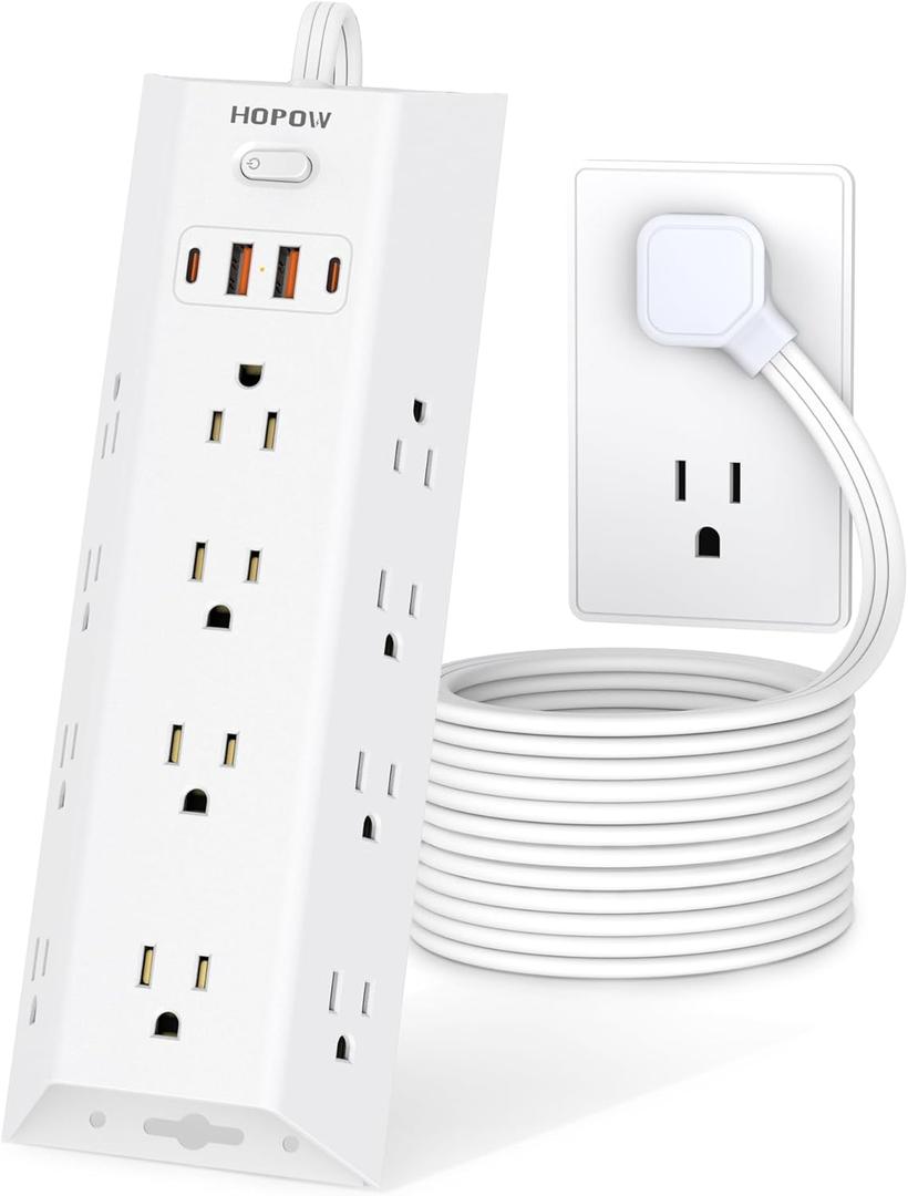 Surge Protector Power Strip, 5FT Extension Cord with 12 AC Outlets & 4 USB Ports (2 USB C), Wall Mount, Flat Plug Charging Station, 1700 Joules Surge Protector for Home Office, White