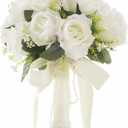 Wowagoga 12 Inch Wedding Bouquet with Pearl Crystals Ribbons,Artificial Rose Flower for Bride Bridesmaids Artificial Fake Flowers Fake Flowers Toss Bouquet for Wedding Party Church(White)