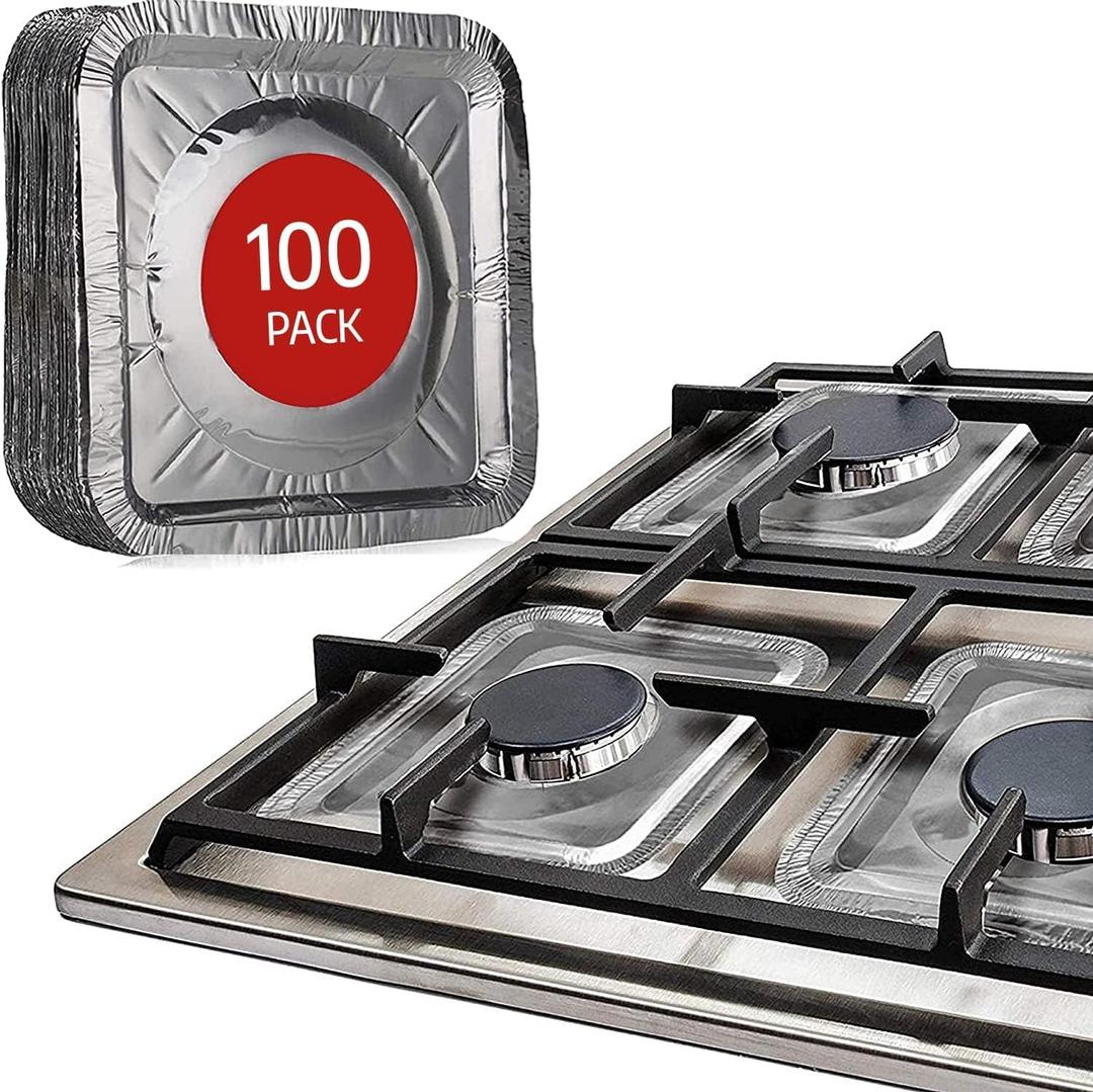 Gas Stove Burner Liners (100 Pack) - Disposable Aluminium Foil Covers, 8.5 Heat-Resistant Protector, Fits Gas or Electric Ranges, Thick Foil for Mess-Free Cooking, Perfect Stove Cover for Kitchen