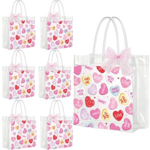 Valentine's Day Clear Gift Bags - 20Pcs Valentine's Day Clear PVC Goodie Gift Bags with Handle Conversation Heart Handbag with Ribbon for Valentines Galentines Day Wedding Birthday Anniversary