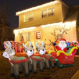 MorTime 9.5 FT Christmas Inflatable Santa Claus on Sleigh Pulled by Three Reindeers with Gift Boxes, Blow up Lighted Yard Decor for Outdoor Decorations