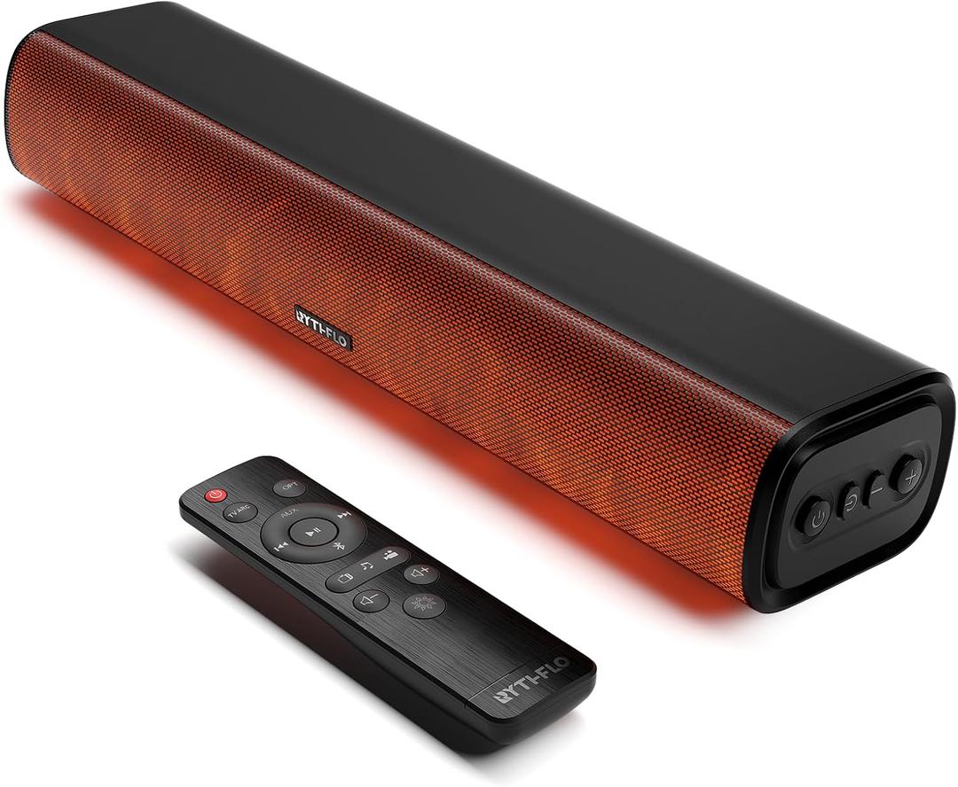 Rythflo 60W Bluetooth Sound Bar, 16 inch Compact TV Soundbar with Remote, 8 Flame Light Modes, Optical/ARC/AUX/RCA Connections, Wall-Mountable Home Theater Speaker for TV, PC, Projector, Gaming