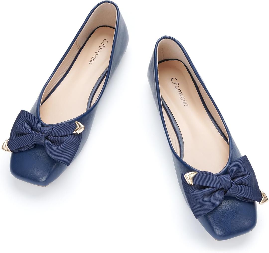C.Paravano Ballet Flats | Flat Shoes Women | Square Toe Flats | Dress Shoes for Women (11.5, Navy)
