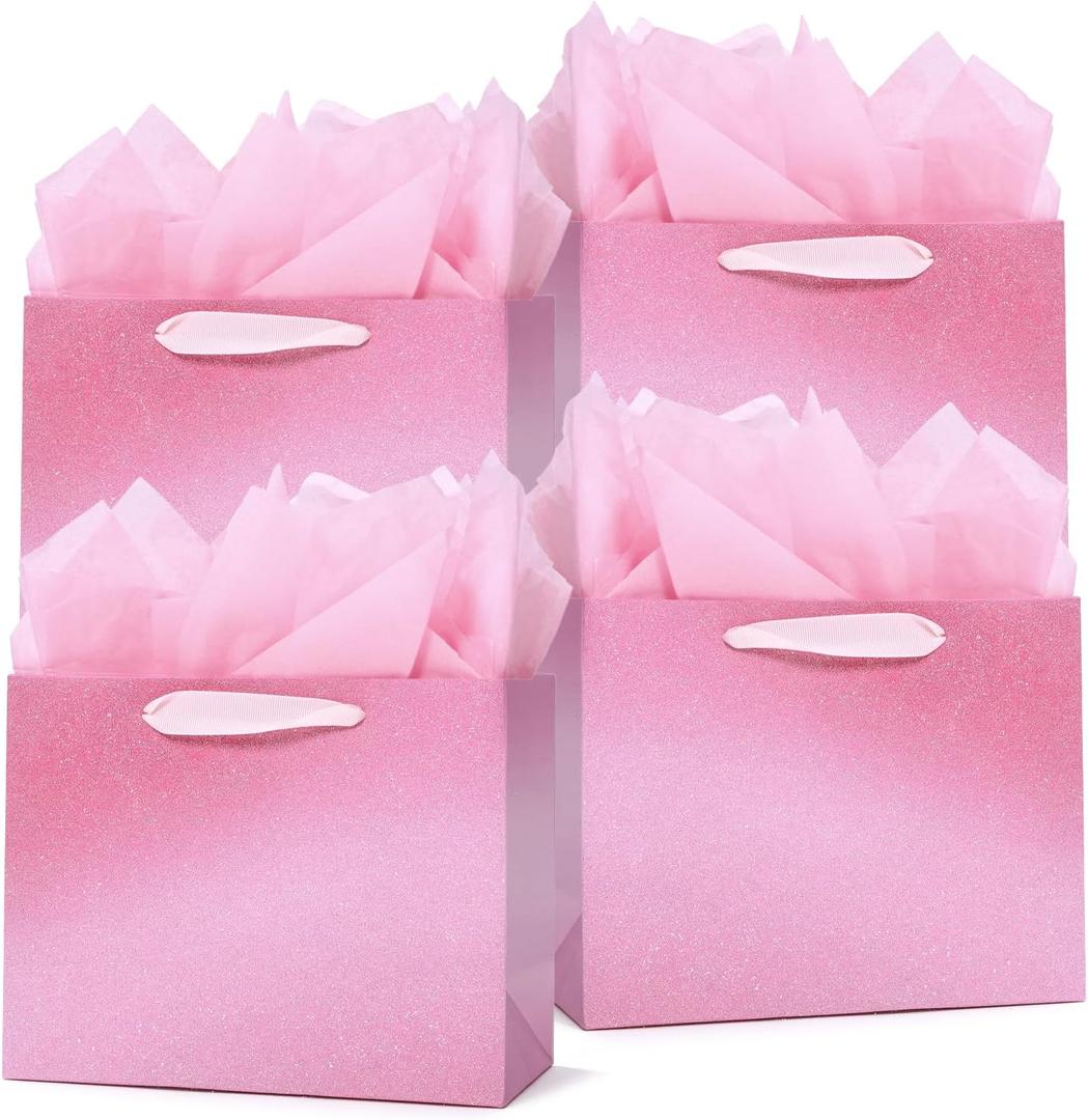 PAPER FAIR 12Pcs Ombre Rose Baby Pink Gift Bags Bulk w/ 24 Tissue Paper, 9 x 7 In, Gradient Pastel Glitter Paper Gift Wrap Bag, Recyclable Gift Packaging for Valentines Mother's Day Birthday Baby