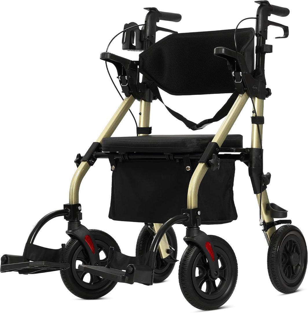 ELENKER All Terrain Rollator Walker Transport Wheelchair Combo, 2 in 1 Rolling Walker with Padded Seat and Wide Backrest, Champagne