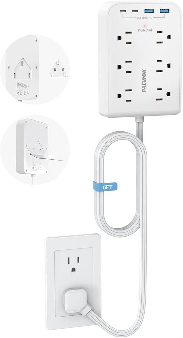 Surge Protector Power Strip, Flat Plug Extension Cord with Multiple Outlets, 6 AC, 4 USB (2 USB C), 5FT Outlet Extender Stick, Home Office Dorm Room Essentials, White