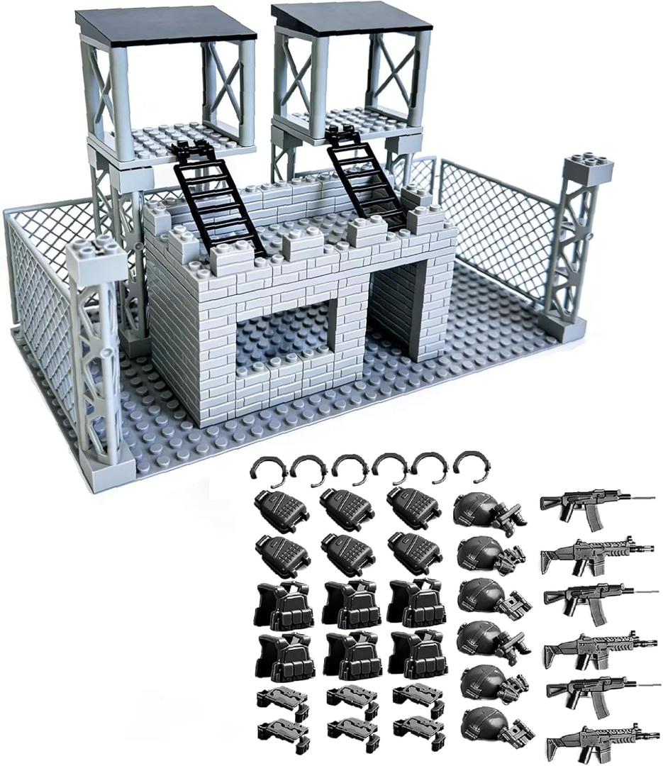 Military Base Building Brick Set Include Army Minifigure War Accessories, Defence Base Guard Tower Guns Weapons Building Block Toy for Kids