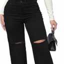 THUNDER STAR Womens High Waisted Wide Leg Jeans Stretchy Distressed Denim Pants, Black, Medium