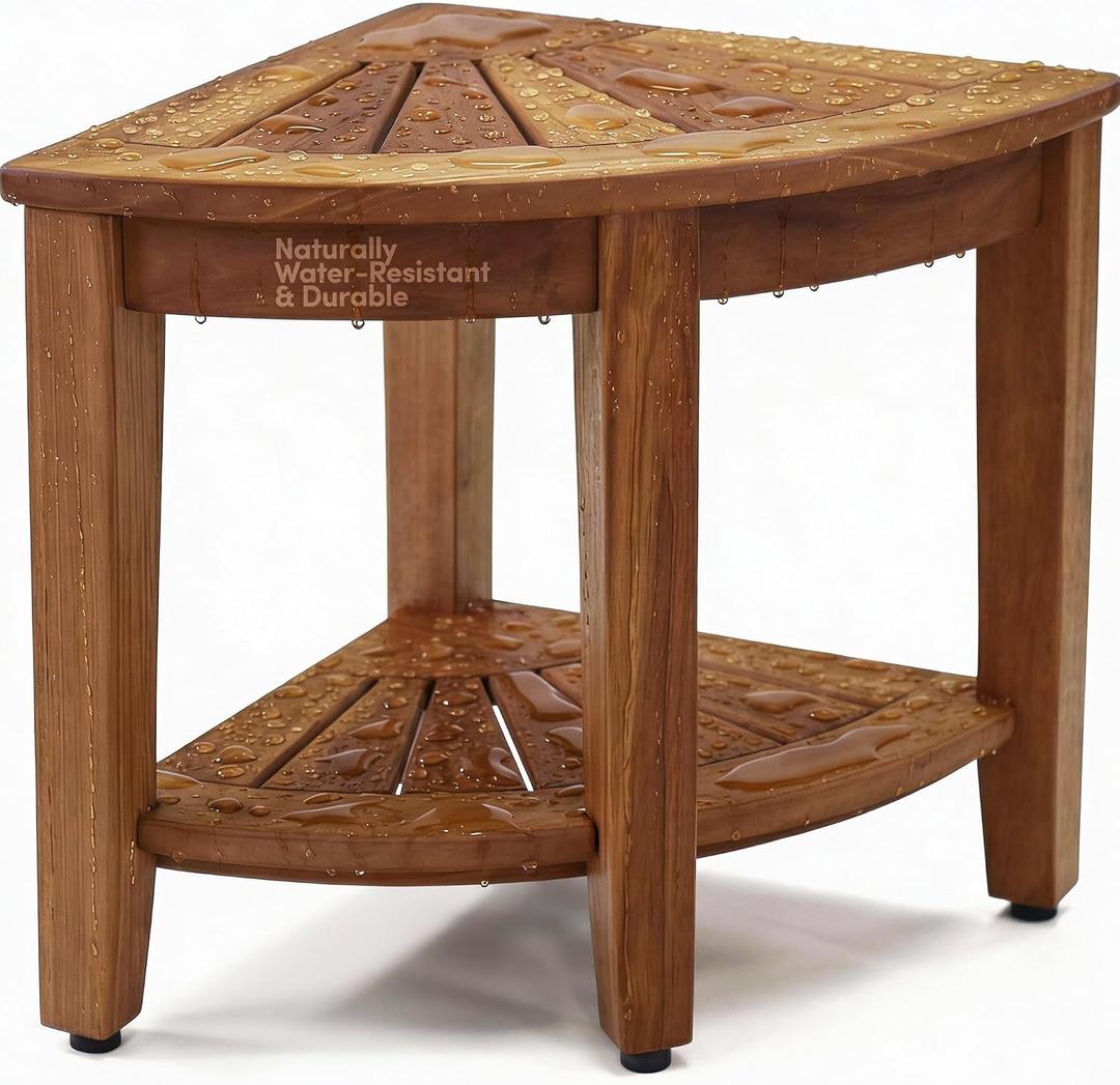 AquaTeak The Original 15.5" Kai Corner Teak Shower Bench - Shower Stool with Storage Shelf for Bathroom - Durable Water Resistant Shower Chair - Shaving Foot Rest - Indoor & Outdoor Use