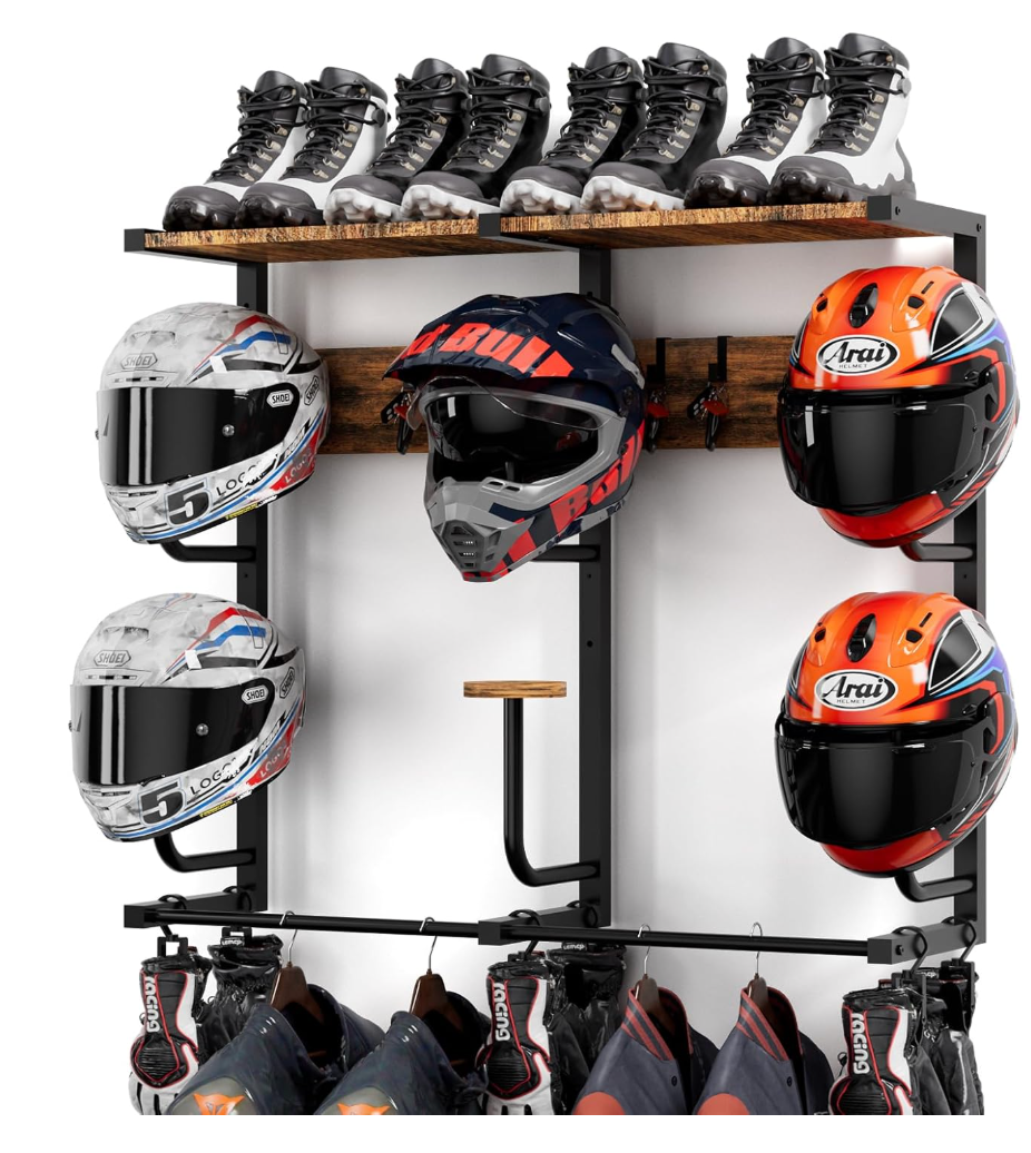 Motorcycle Helmet Rack with 6 Jhooks& 6 Clip Hooks – Wall Mounted Helmet Holder Stand for 6 Helmets, Riding Suits & Accessories, Sturdy Construction Storage Organizer for Entryway or Garage