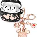 (with Cute Keychain) Girovo Compatible with Apple Airpods 4 Case 2024 Women, Soft Silicone TwoTone Funny Cartoon Engraved Portable 360° Full Protection AntiScratch Air pod 4 Case Black/Pink