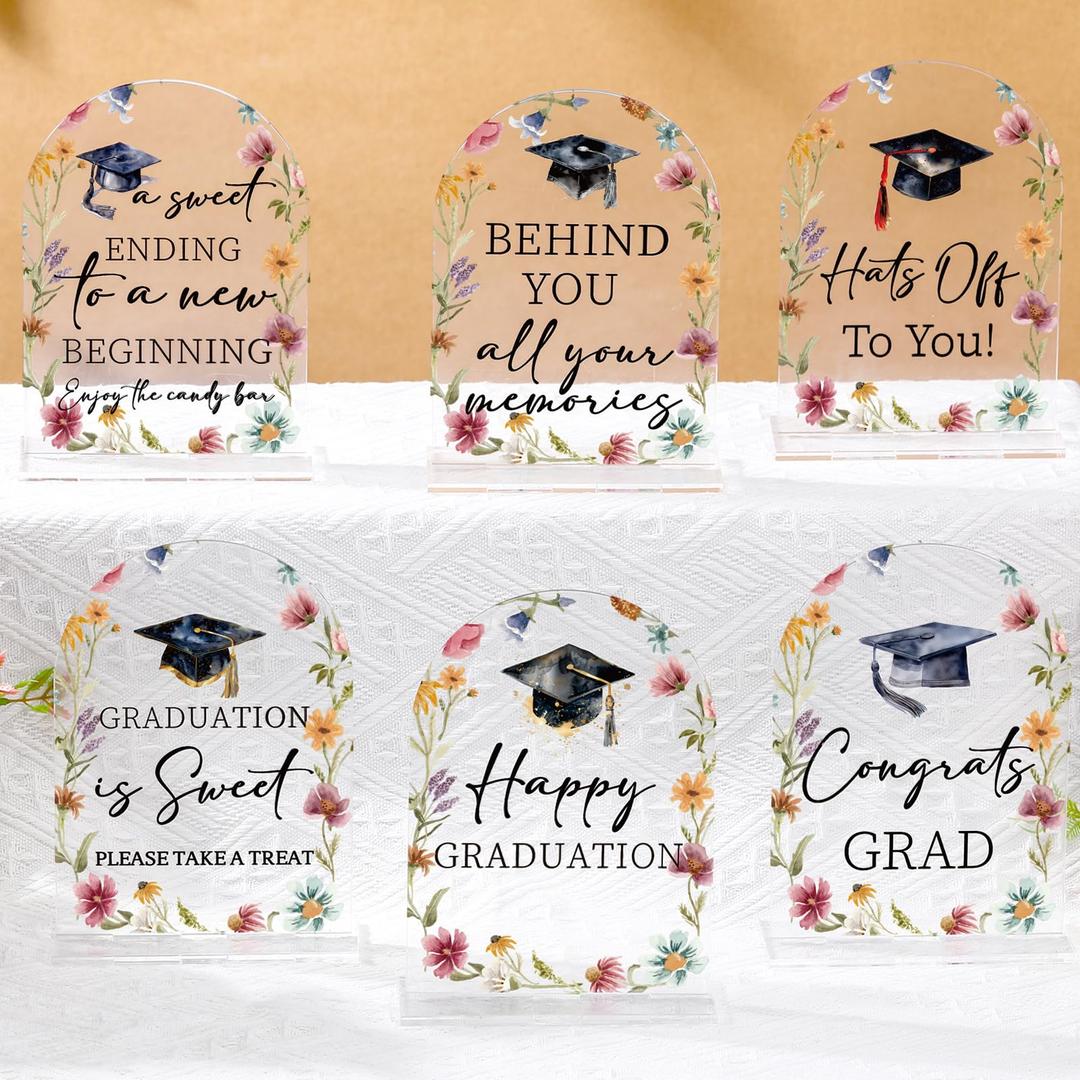 Vercraft 6 Pcs 2026 Graduation Tables Centerpieces Wildflower Candy Bar Table Decoration Please Take One Sign Congrats Acrylic Sign Centerpieces with Stand 5x7" Floral Table Decor for Graduation Party