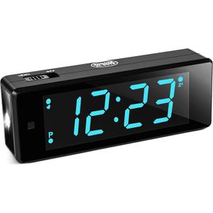 Digital Alarm Clock Battery Operated Night Visiable with Hybrid LED/LCD Time Display, Emergency Flashlight, Small Travel Clock for Bedroom Bedside (Blue Display)