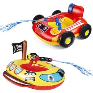2 Pack Inflatable Kids Pool Float with Water Gun, Firetruck and Pirate Ship Pool Floats for Toddler, Toddler Pool Float for Girls with Squirt Gun