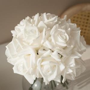 Artificial Roses Single Stem 10pcs Fake Silk Flower Arrangement Bouquet Real Touch for Home Party Wedding Decoration(White) (White(not Include Vase))