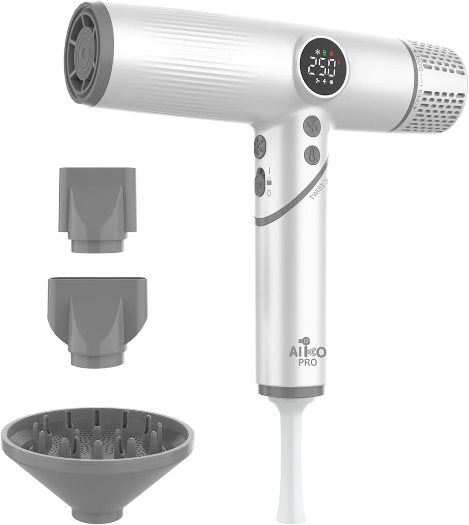 AIKO PRO Salon Ionic Hair Dryer, 1800W High-Speed Foldable Travel Blow Dryer, Brushless Motor for Fast Drying & Frizz Control, 3 Temps & 3 Speeds, Lightweight, Portable & Quiet with 3 Magnetic Nozzles
