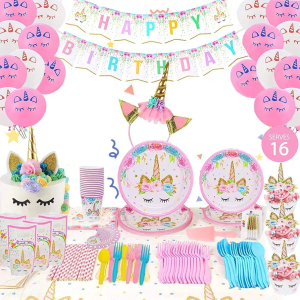 Birthday Party Supplies Including Plates Cups Straws Tablecover for Birthday Party Serve 16 Guests