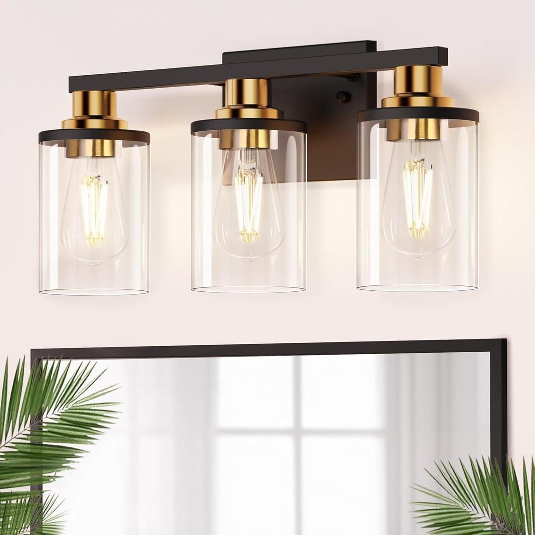 DORESshop Bathroom Light Fixtures, 3-Light Black and Gold Bathroom Lights Over Mirror with Clear Glass Shade,Vanity Lights for Bathroom Hallway Bedroom Living Room, ETL Listed