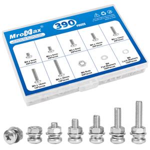 390Pcs M4 x 5mm /6mm /8mm /10mm /12mm /16mm /20mm, M4 Phillips Pan Head Machine Screws Washers Nuts Assortment Kit, Metric 304 Stainless Steel Pan Head Fully Machine Thread Screws Bolts