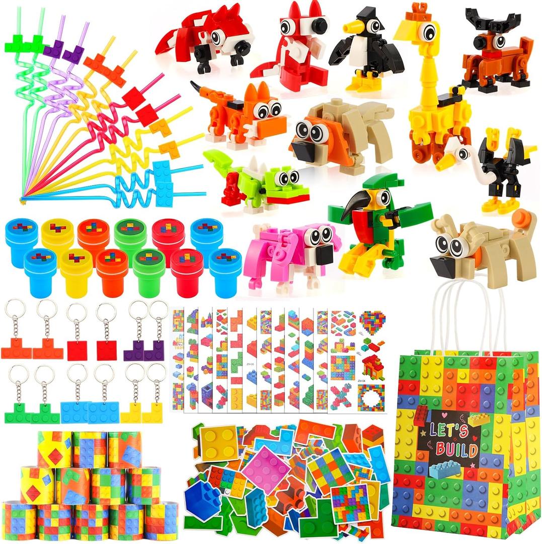 LiYiQ 134 Pcs Building Blocks Party Favors with Reusable Drinking Straws Animal Building Blocks Slap Bracelets Keychains Stamps Stickers and Gift Bags Gamer Birthday Party Supplies (Building)