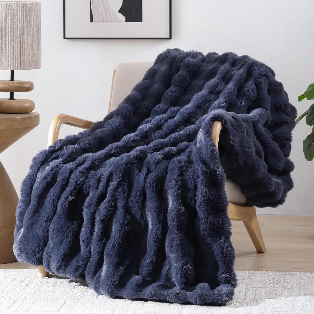 Smoofy Faux Fur Throw Blanket for Couch - Navy Blue Super Soft Cozy Bubble Blanket, Fluffy Plush Fuzzy Throw for Sofa & Bed, Thick Lightweight Warm Blanket, Luxury Aesthetic Gift for Women 50"x60"