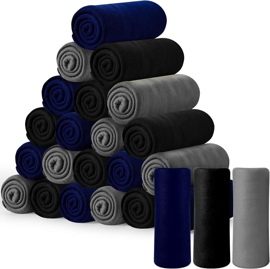 24 Pack Bulk Fleece Throw Blankets Solid Color Warm Fleece Blankets Lightweight Soft Solid Polyester Sofa Blanket for Home Dorm Bed Sofa, 50 x 60 Inch(Black, Grey, Navy Blue)
