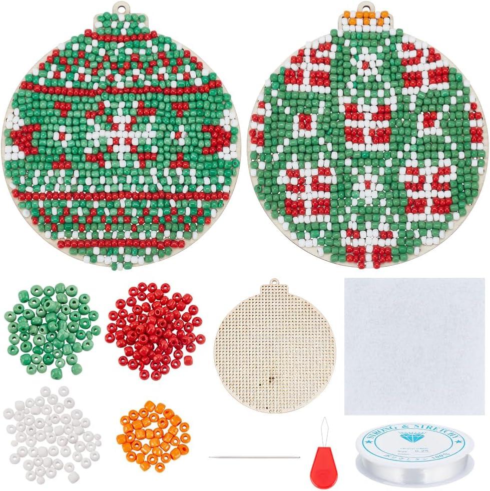 FREEBLOSS 2 Set Beaded Counted Cross Stitch Kits Christmas Ball Style Seed Bead Embroidery Kits with Instruction Bead Needlework Set for Beginners Gift