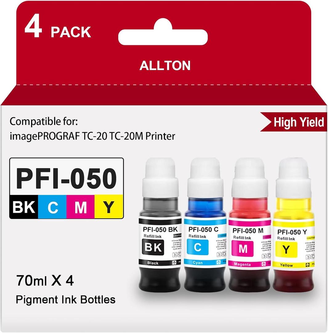 PFI-050 PFI050 Ink Refill 4-Pack PFI-050 Pigment Ink Tank Set Replacement for Canon imagePROGRAF TC-20 TC-20M TC-21/21M Printer(4-Pack)