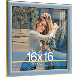 16x16 Velvet Picture Frame, Spruce Blue 16x16 Velvet Photo Frame with Vintage Gold Border, 16 by 16 Poster Frame with HD Real Glass Horizontal & Vertical Display for Tabletop and Wall Decor (1 Pack)