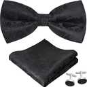 Bow Tie Pocket Square Cufflinks Set for Men, Adjustable Pre-tied Bowtie, Men's Tuxedo Bow Ties (Black)