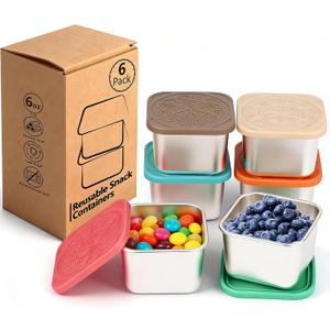 6 Pack Stainless Steel Snack Containers - 6oz Reusable & Small Containers With Lids, 304 Metal Stackable Snack Cups, Lunchable Snack Containers for School, Travel, Picnic