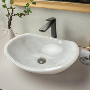 Natural white marble boat-shaped sink with irregular natural brown/black veining, 100% handcrafted. Bathroom vanity sinkelegant and refined, suitable for bathroom vanities or countertops., 19.7" x 14.2" x 5.9"