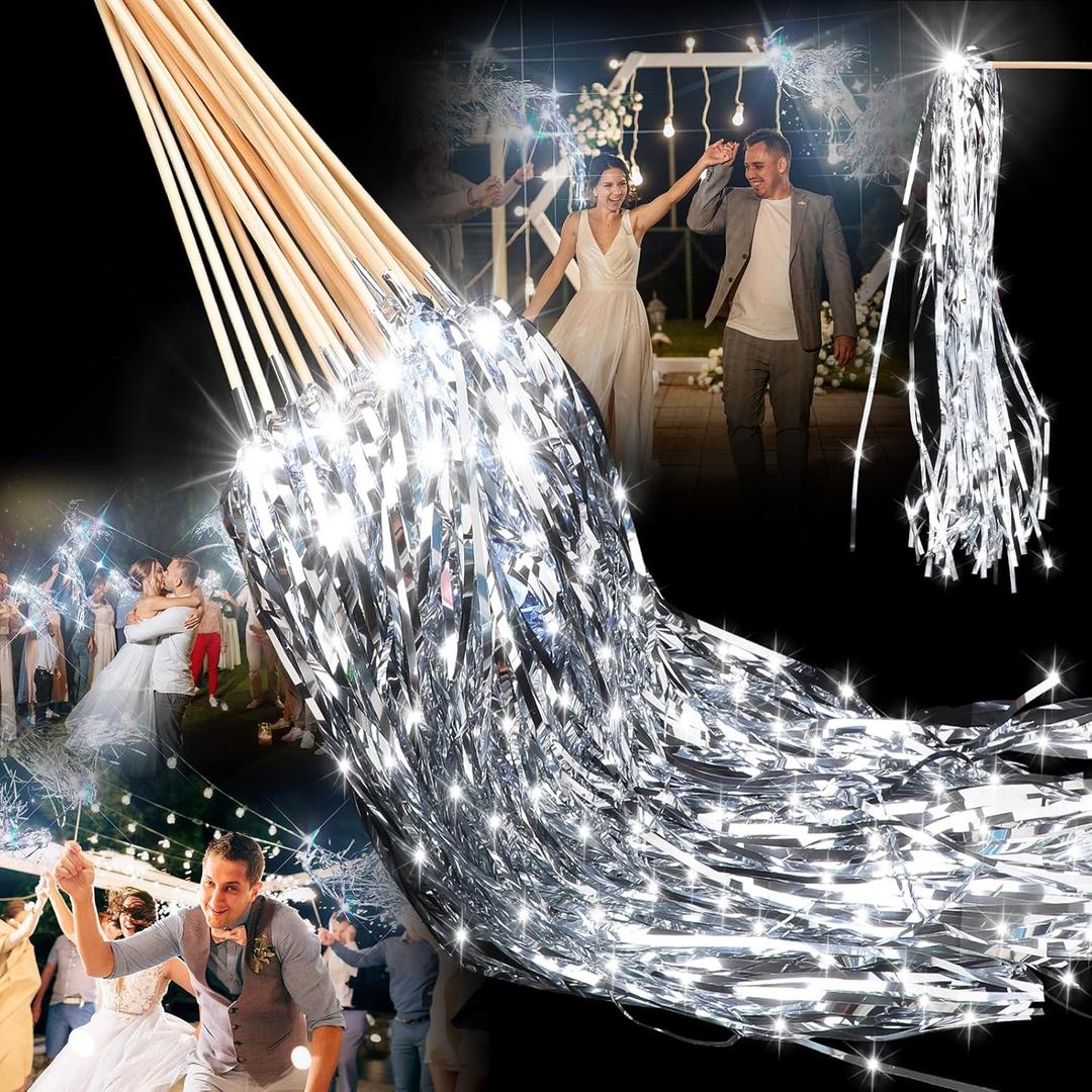 Simgoing 48 Pcs Lighted Wedding Wands LED Tinsel Wands Streamers Wedding Sparklers Send Off Light Sticks for Reception Birthday Exits Baby Shower Concert Party Favors(Silver)