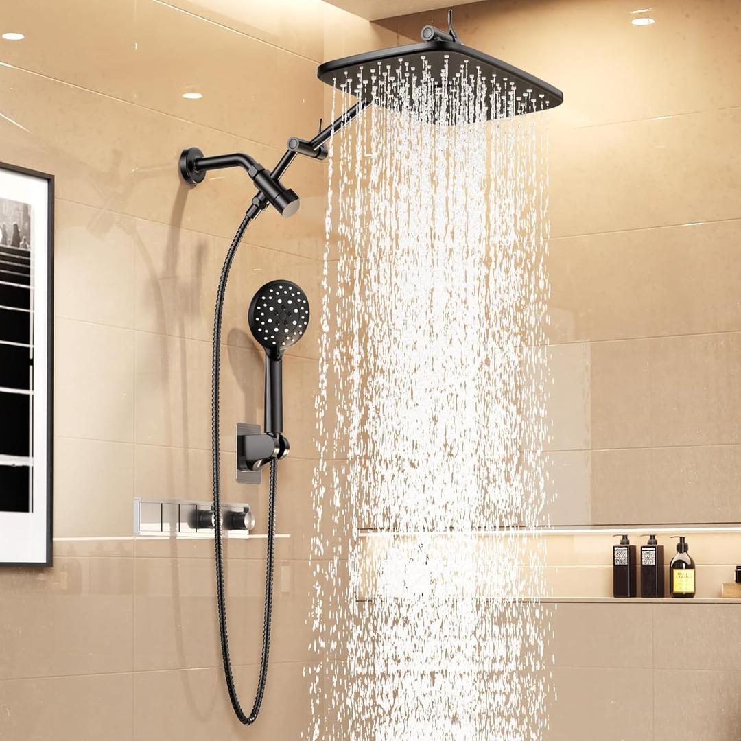 Veken 11.8" Rain Shower Head with Handheld, High Pressure Handheld Shower Heads with Multi Spray Modes, Rainfall Combo with 15" Metal Extension Arm,Detachable Dual Shower, Long 6 ft. Hose,Matte Black (11.8 Inch(Upgraded) +22% Mixed Mode Flow)
