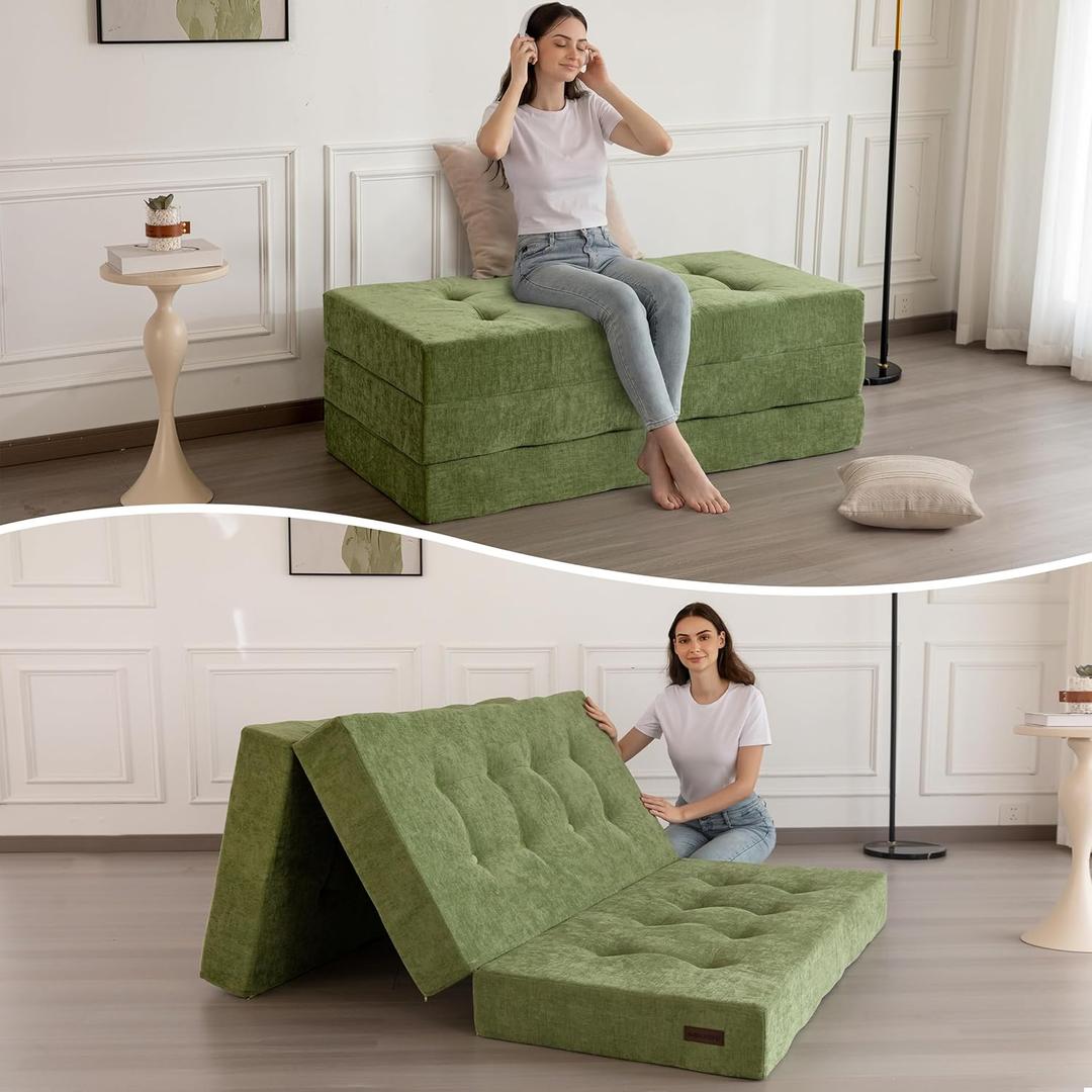MAXYOYO 6" Folding Sofa Bed for Floor, Tufted Tri-Fold Floor Mattress with Chenille Fabric, Twin Size Portable Sofa Couch Guest Mat for Adults, Foldable Topper for Camping, Green, 35.4"x75"