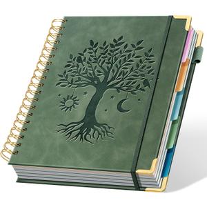 Ovesmusl Hardcover Spiral Notebook 8" x 10" with 5 Removable Dividers 300 Pages Leather 5 Subject Notebook College Ruled 100GSM Large Spiral Notebooks for Work Thick Lined Journal for Women, Green