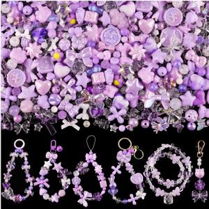 Assorted 170-230PCS Purple Acrylic Beads for Bracelet Making, Flower Bow Butterfly Candy GummyBear Aesthetic Bracelet Charms,Cute Beads for Jewelry Making DIY Necklace Keychain Phone Charm