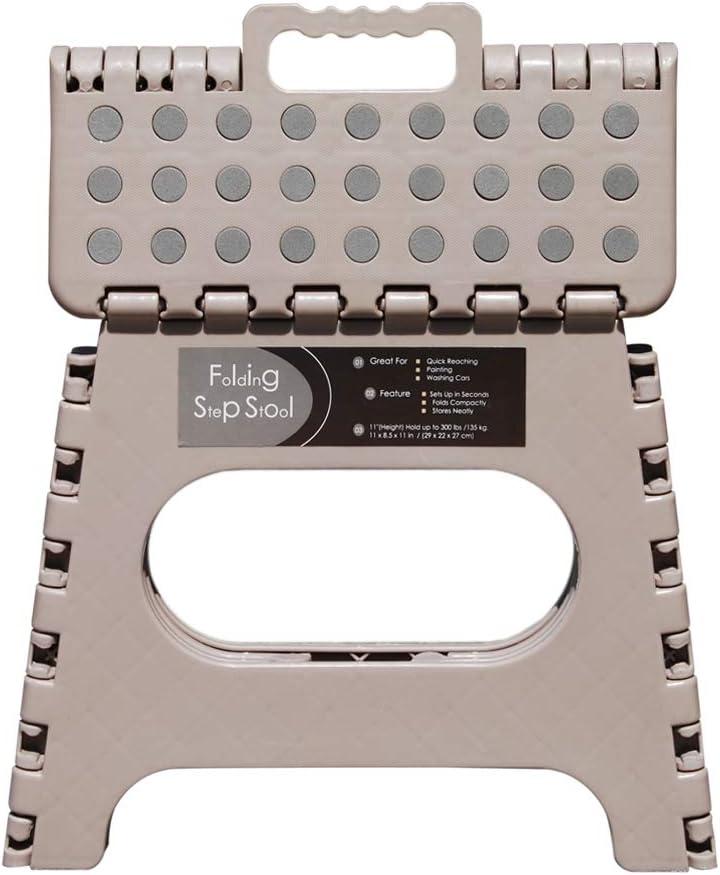 NonSlip Folding Step Stool, Sturdy Safe Enough  Holds up to 300 Lb  11 inch Footstool for Adults or Kids, Folding Ladder Storage/Opens Easy, for Kitchen,Toilet,Camping (Light Tan, 11'')