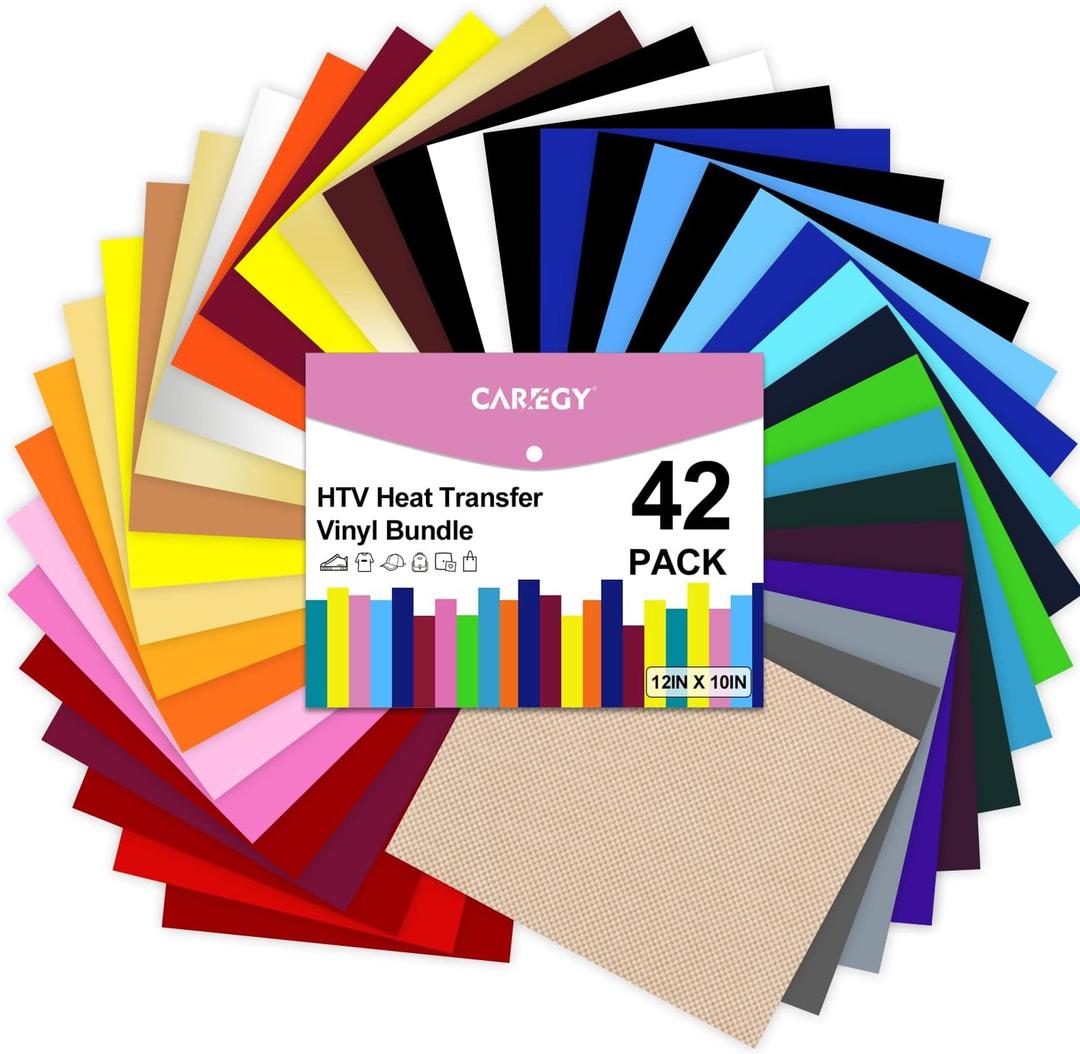 CAREGY HTV Heat Transfer Vinyl Bundle: 42 Pack 12" x 10" Sheets Iron on Vinyl, 30 Assorted Colors, Heat Transfer Vinyl for DIY T-Shirt (42Colors)