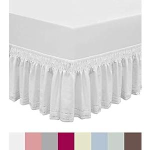 QSY Home Wrap Around Elastic Eyelet Bed Skirts Dust Ruffle Three Fabric Sides Easy On/ Easy Off Adjustable Polyester Cotton 14 1/ 2 Inches Drop(White Twin/ Full)