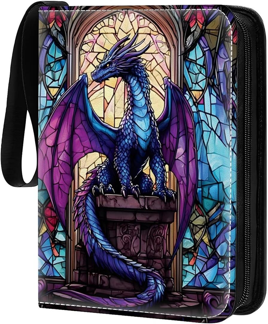 Card Binder 400 Pockets, 50 Sleeves Large Binder Trading Cards Holder 4 Pocket, Storage Organizer, Album Folder Case Protector Collector Gift Stained Glass Blue Purple Diamond Dragon
