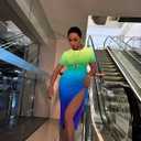 GOKATOSAU Women's Sexy Bodycon Short Sleeve Slit Ruched Summer Club Party Midi Dress Gradient Yellow (XL)