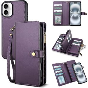 TwoHead Wallet Case Compatible with iPhone 16,Detachable Magnetic Phone Case,PU Leather All-Round Protective Cover Wallet with Card Holder/Change Pocket,6.1 in,Deep Purple