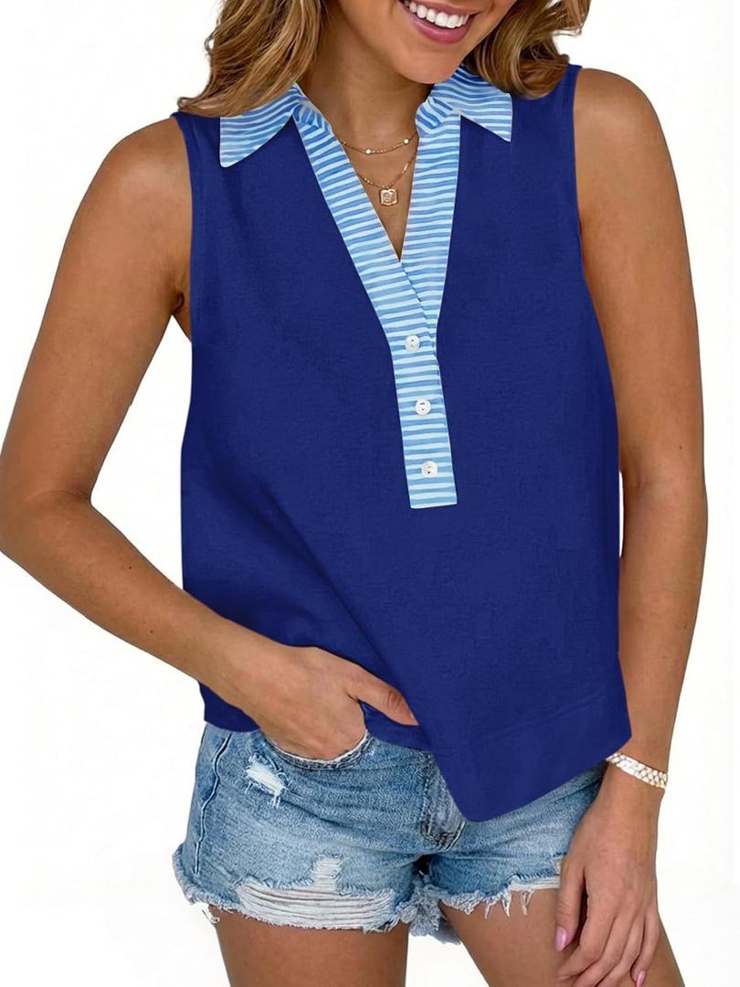 Tankaneo Womens's V-Neck Cropped Tank Tops Summer Dressy Casual Loose Fit Sleeveless Shirts Button Up Color Block Tees XX-Large