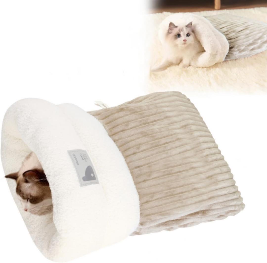 Cat Sleeping Bag Bed, Winter Soft Plush Sack Self Warming Cave Bed for Indoor Cats, 360Wrap Comfortable Pet Snuggle Sack, Soft Plush Large - Size L (Brown)