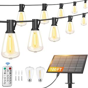 Stright Solar Powered String Light 100FT with Remote Control 8 Light Modes, Weatherproof Shatterproof ST38 LED Bulb 30 Sockets for Backyard Porch Cafe, Large Solar Panel