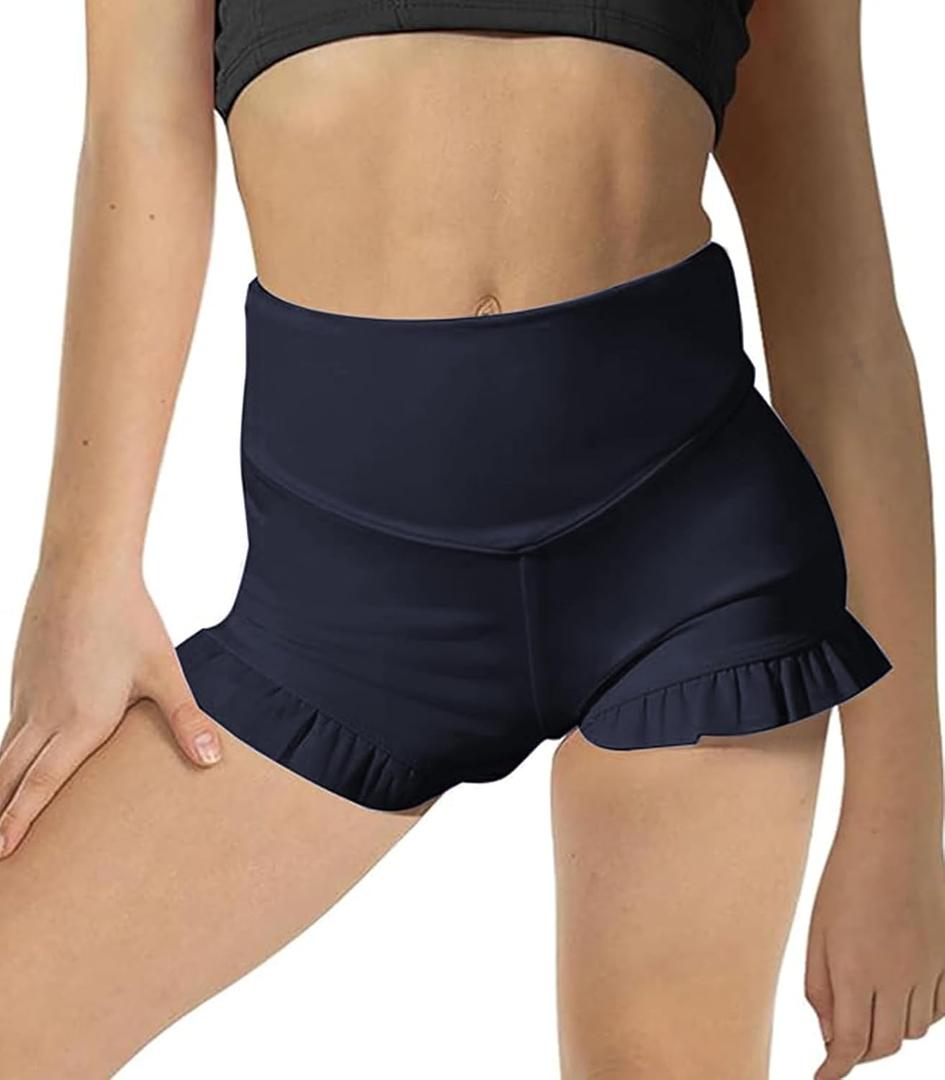 Girls Athletic Shorts High Waisted Ruffle Dance Shorts Yoga Workout Running Shorts (7-8 Years, Navy Blue)