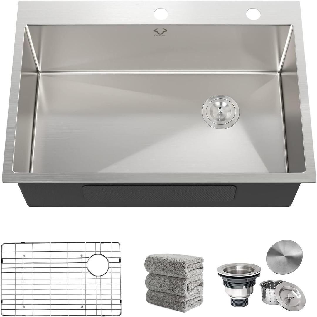 Kitchen Sink 30 x 22 Inch Drop-In Top Mount 16 Gauge Deep R10 Single Bowl 2-Hole Stainless Steel Kitchen Sink and Accessories (Pack of 4)
