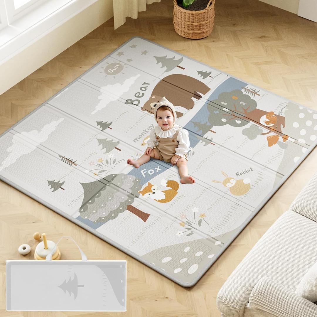 Fodoss Baby Play Mat, 59x59inch Play Mat, 0.4 in Thick Waterproof Playmat for Babies,Kids Foam Play Mat,Waterproof, Carlwing Mat for Baies, Neutral Design Play Mat (woodsy animal-5959inch)